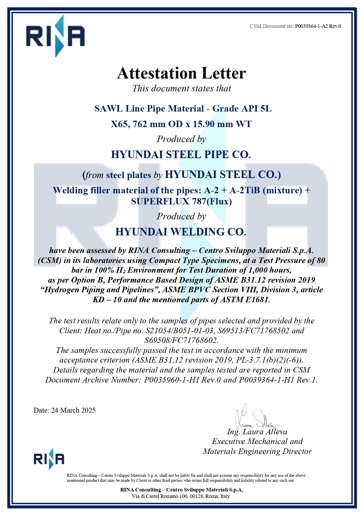 수소 수송용 대구경 강관에 대한 RINA-CSM 성능 확인서(ASME B31.12 규격)_page-0001