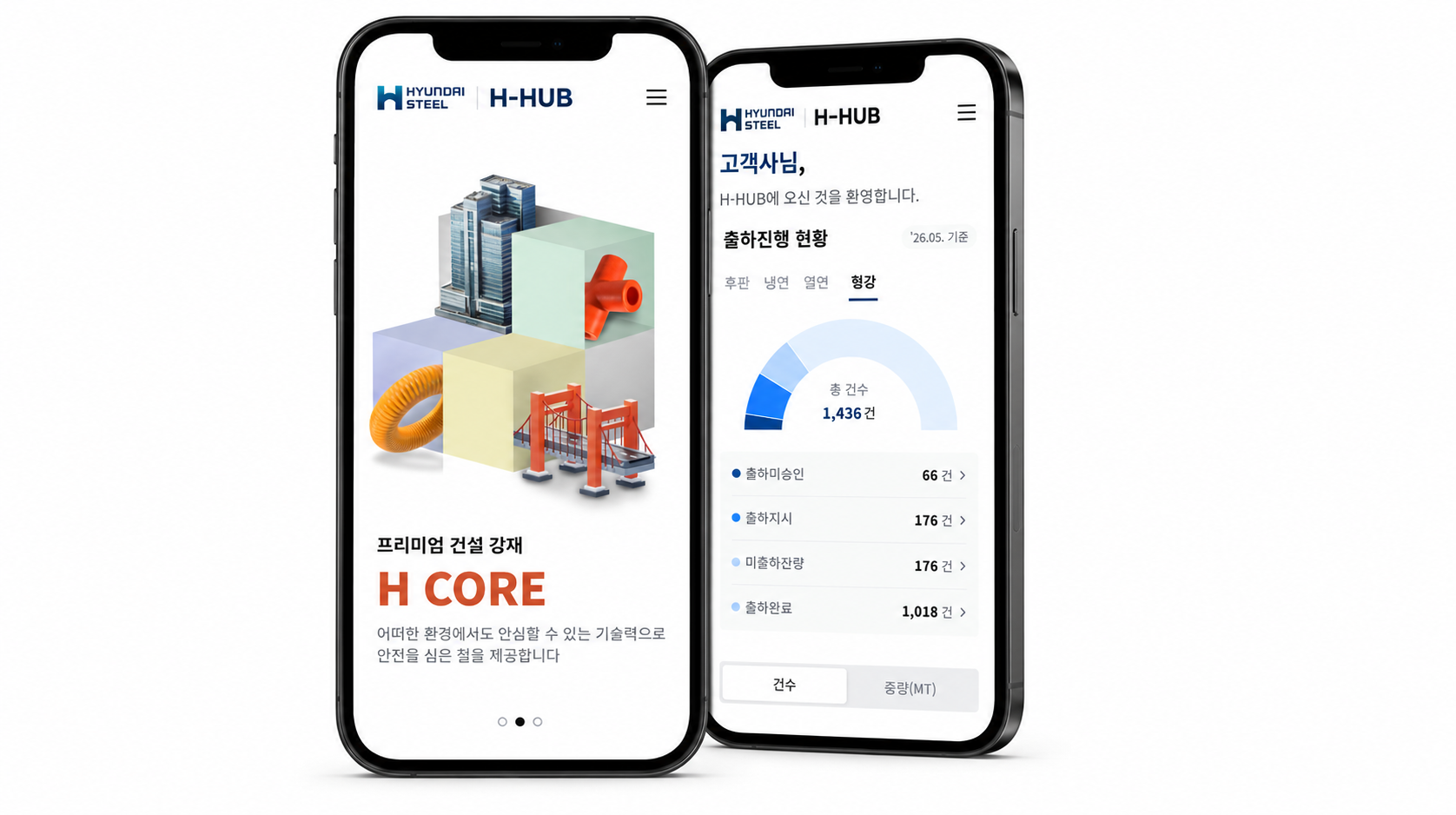 현대제철 모바일 고객 포털 시스템 메인화면 및 출하화면