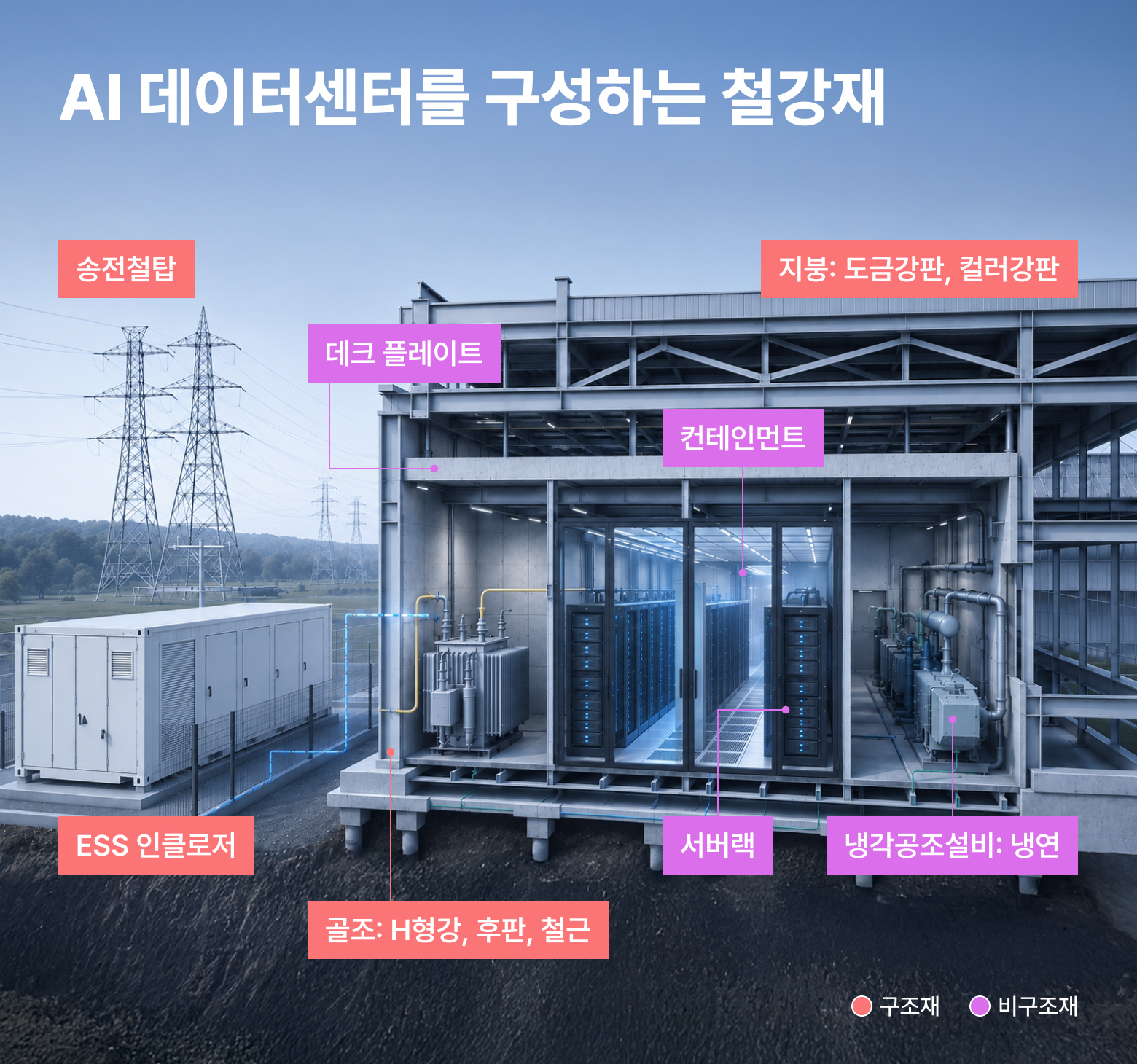 AI 데이터센터의 송전철탑, 골조, 지붕, ESS 인클로저, 서버랙, 냉각설비 등에 적용되는 구조재와 비구조재