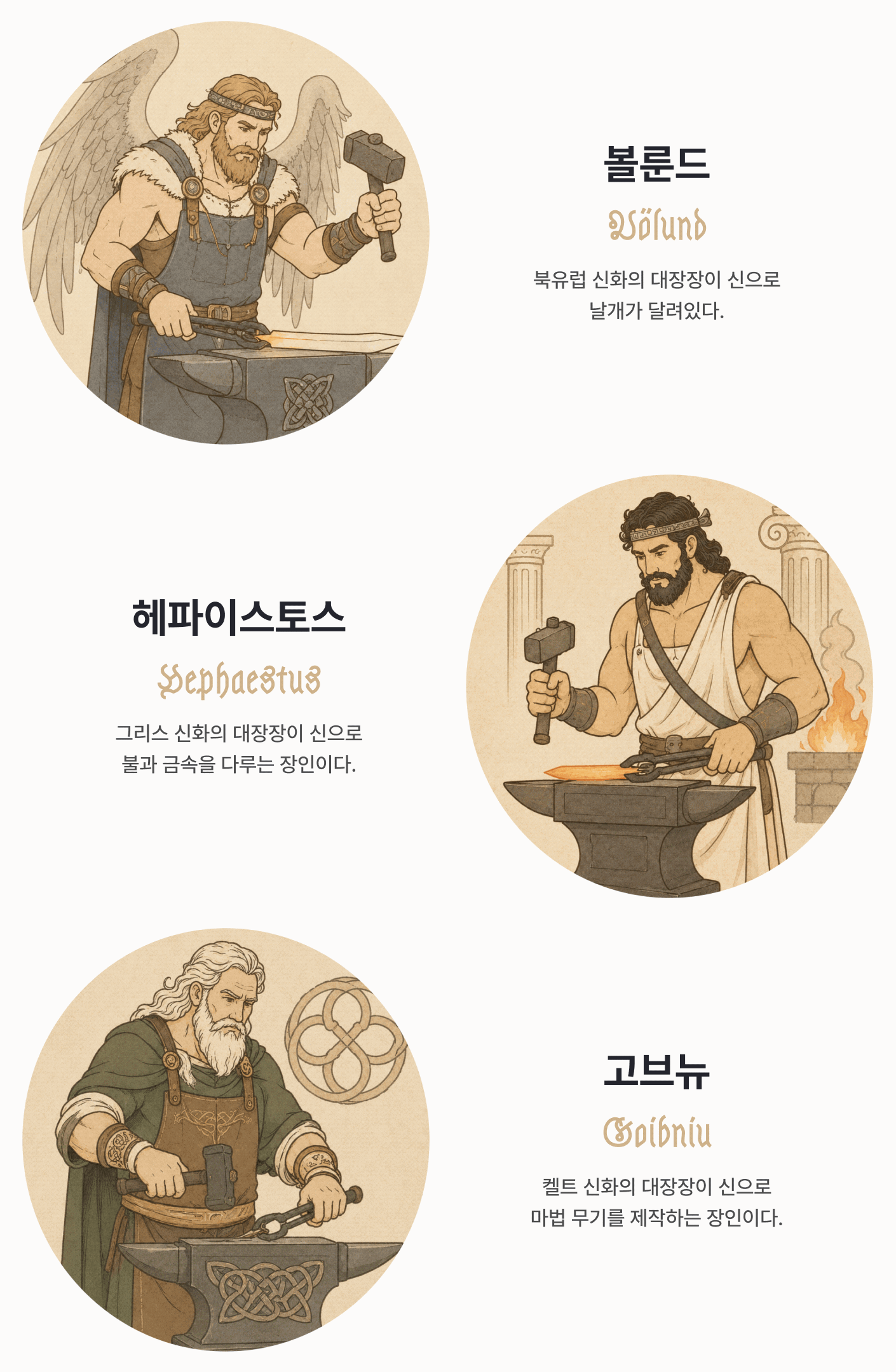 북유럽의 볼룬드, 그리스의 헤파이스토스, 켈트의 고브뉴 등 신화 속 대장장이 신들