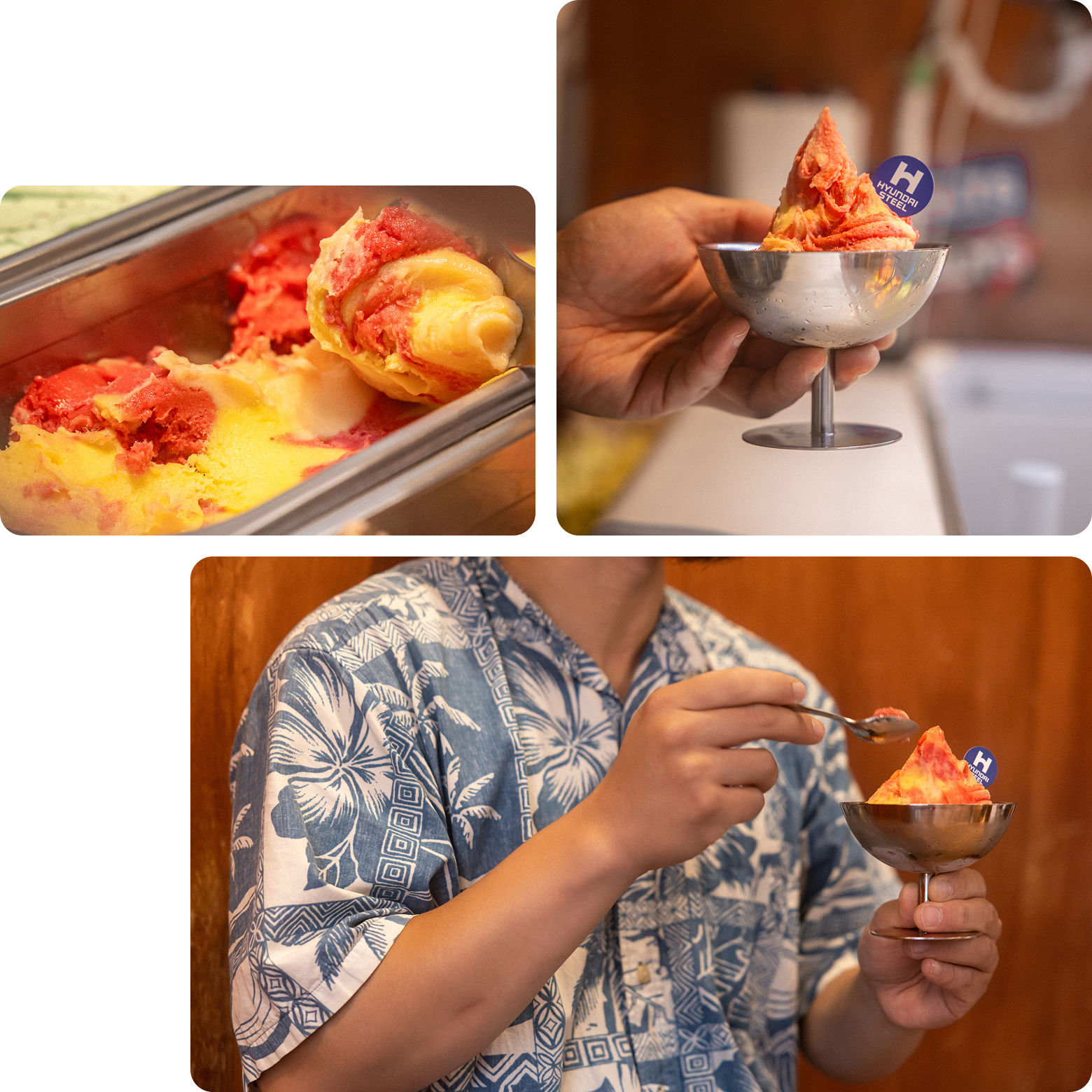 완성된 쇠맛 아이스크림을 스푼으로 맛보는 박정수 대표