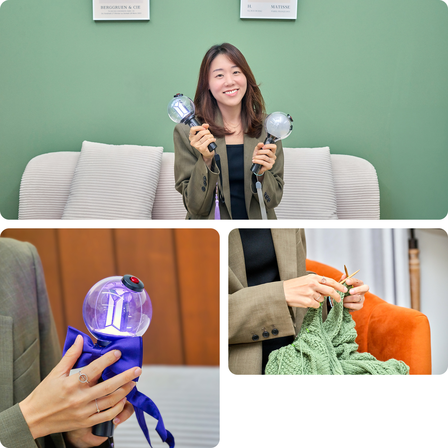 응원봉을 들고 뜨개질을 하는 등 다양한 취미를 즐기는 박지아 편집자