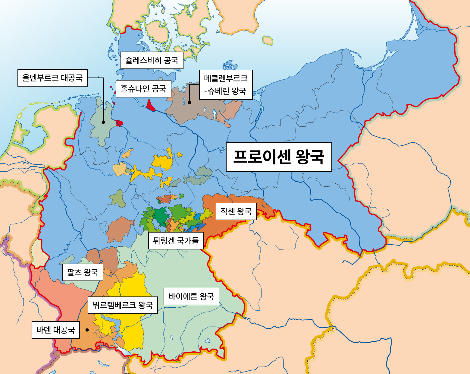 1871년 독일제국을 구성한 연방 국가와 프로이센 왕국의 영역을 보여주는 지도